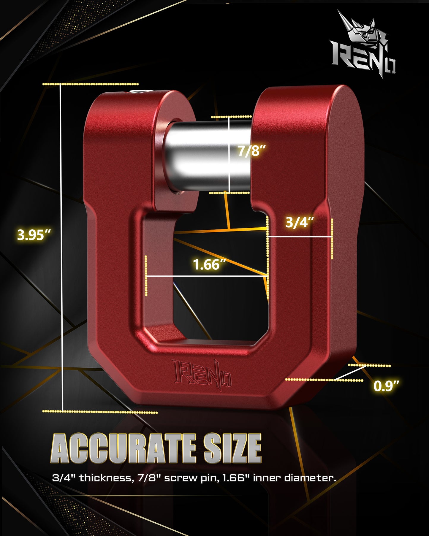 RENO D-Ring Shackle, 3/4” Shackle with 7/8" Pin (Aluminum, 2 Pack, Red/Black)