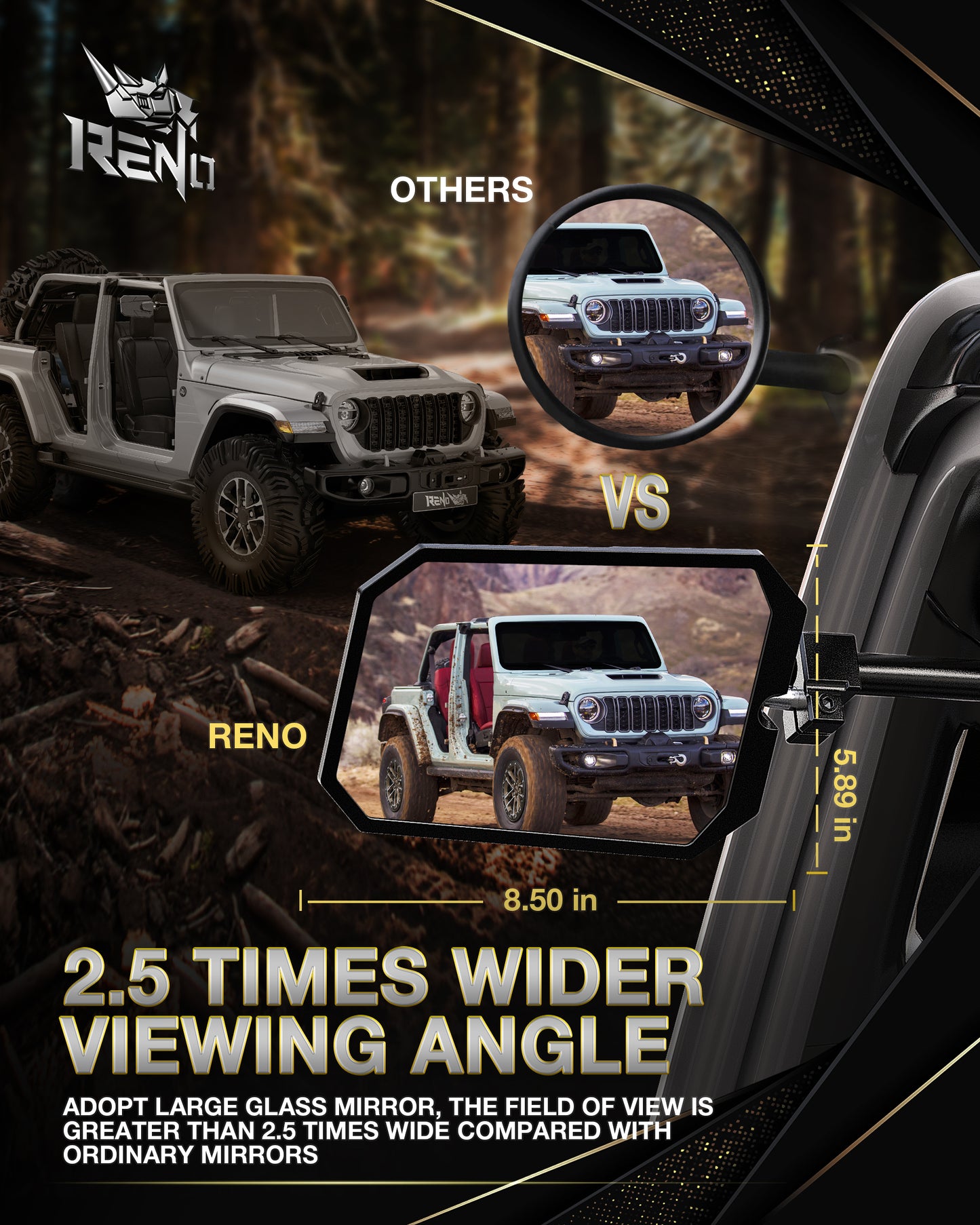 RENO Wrangler Mirrors Doors Off, CNC Aluminum Rear Heavy-Duty View Mirror with Ball Adapter Compatible with Wrangler JL/JLU & Gladiator JT (2 Pack/Set)