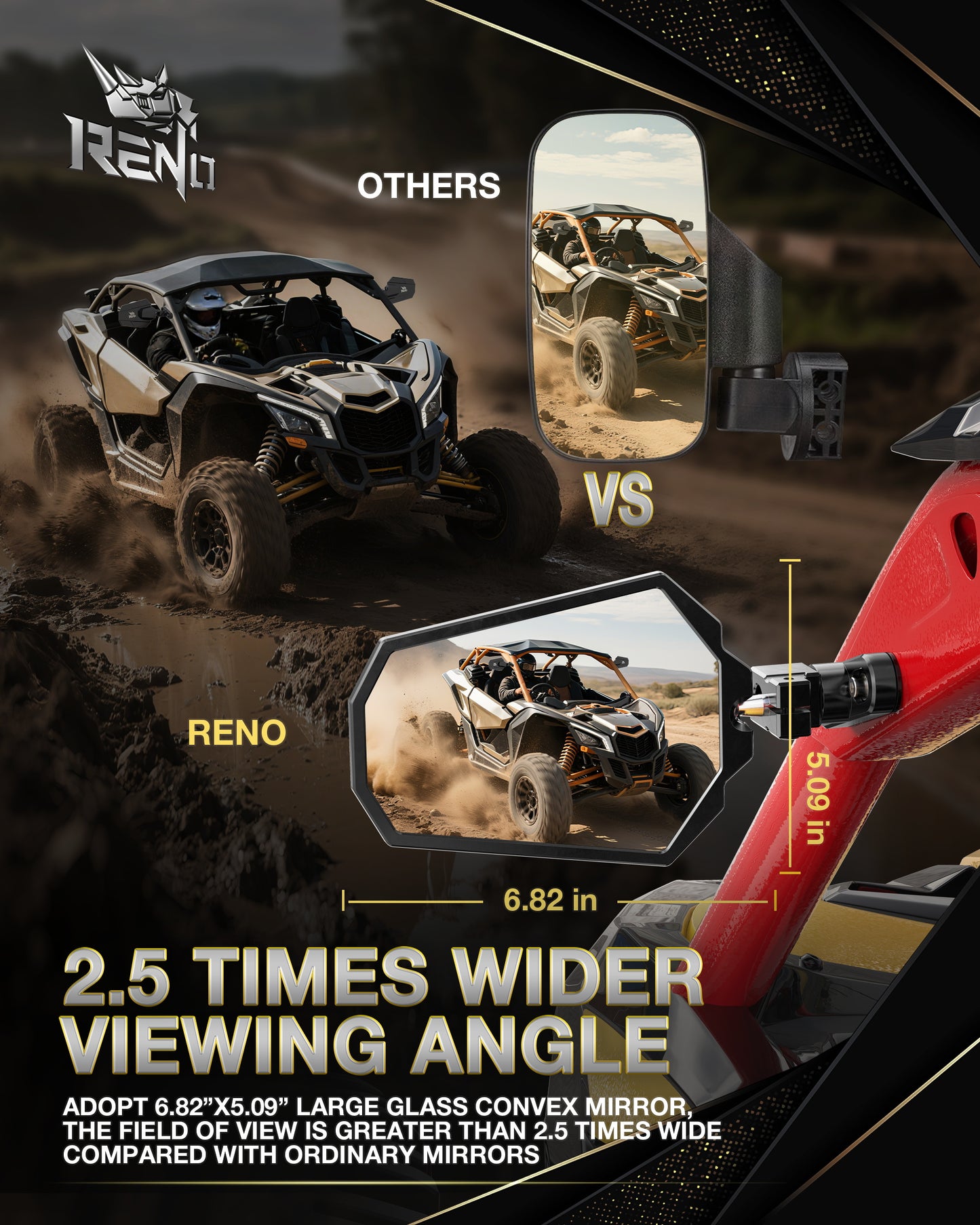 RENO UTV Side Mirrors, Compatible with 2017-2025 Maverick X3 Max Xds Xrs Xmr Xrc Turbo RR, OEM Replace #715002898 (Black, Pack of 2)