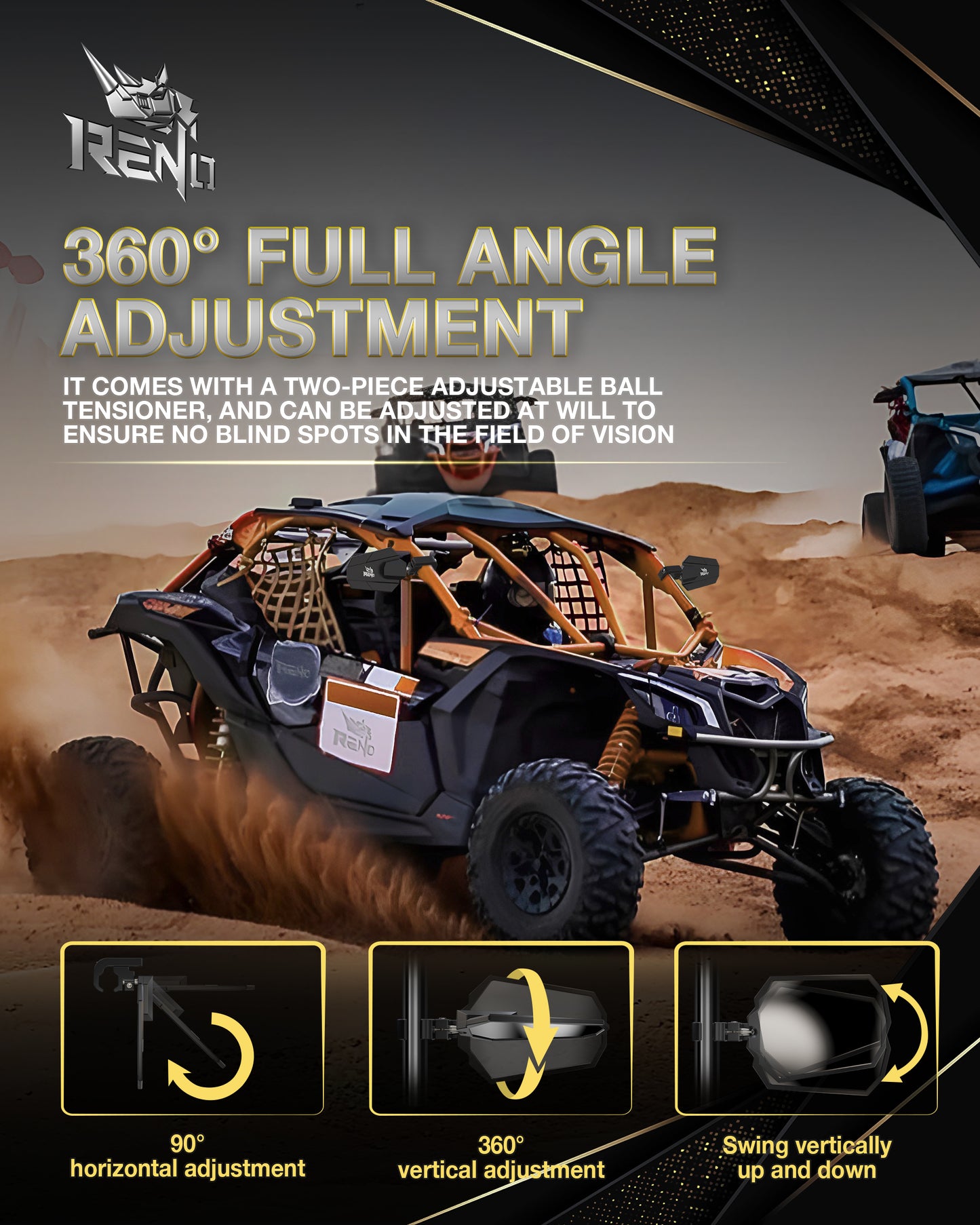 RENO UTV Side Mirrors, Compatible with Universal 1.25"-2" Roll Bar Cage