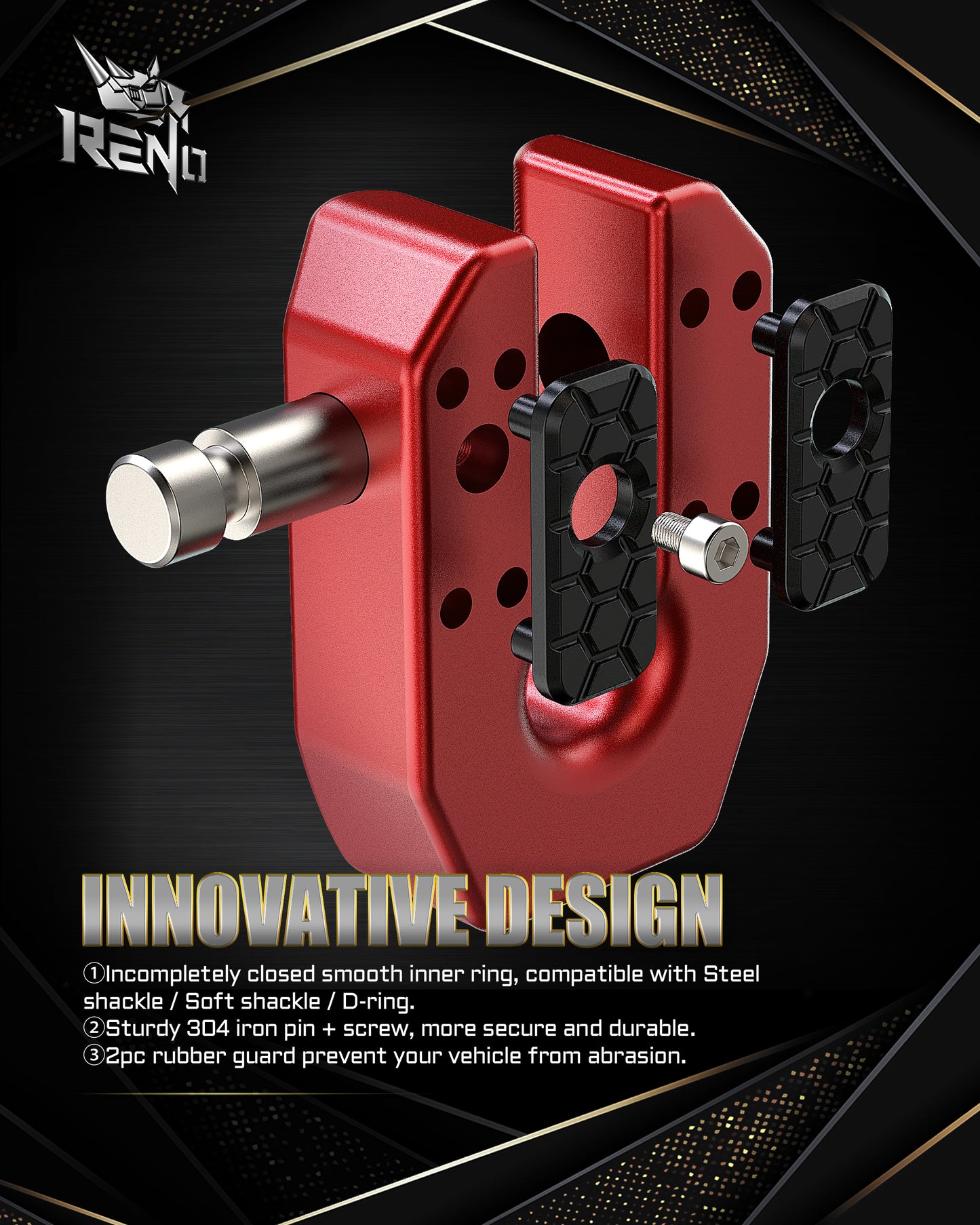 RENO Winch Shackle Mount, Flat Winch Hook Connector (Aluminum, Black/Red, 1 Pack)