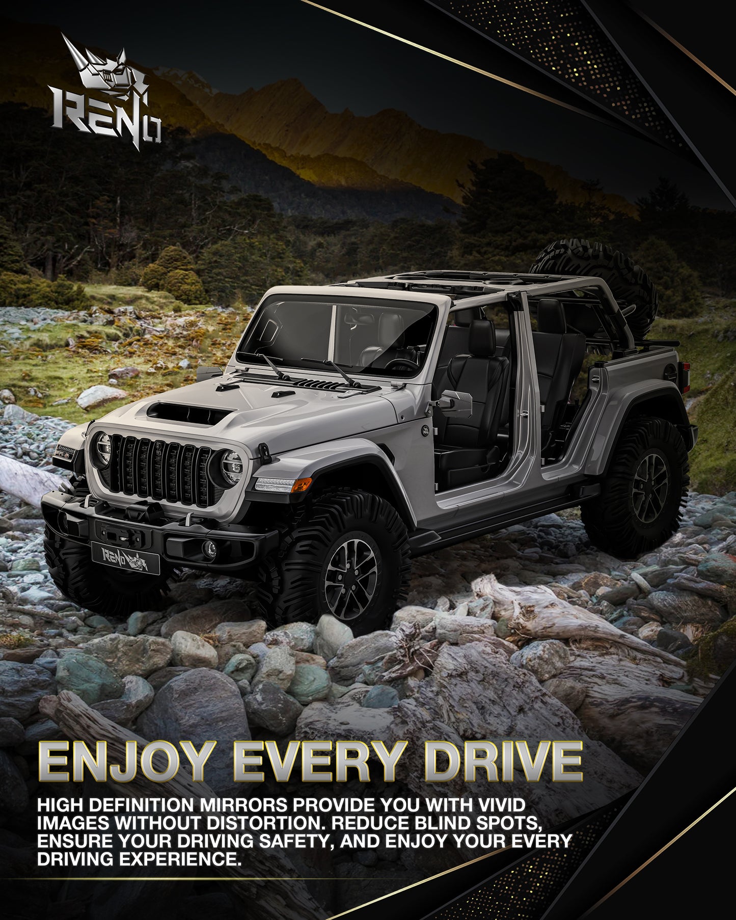 RENO Jeep Wrangler Mirrors Doors Off, Aluminum CNC Side Mirrors